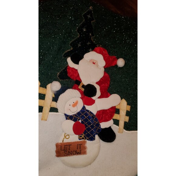 Santa Snowman Christmas Tree Skirt Green Sparkly 43" Primitive Vtg Y2K Applique - Picture 2 of 9